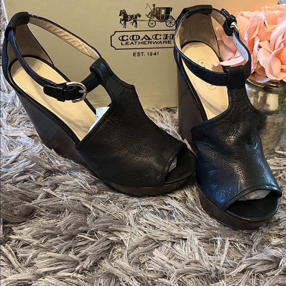 Coach Black Leather Wedge Sandals